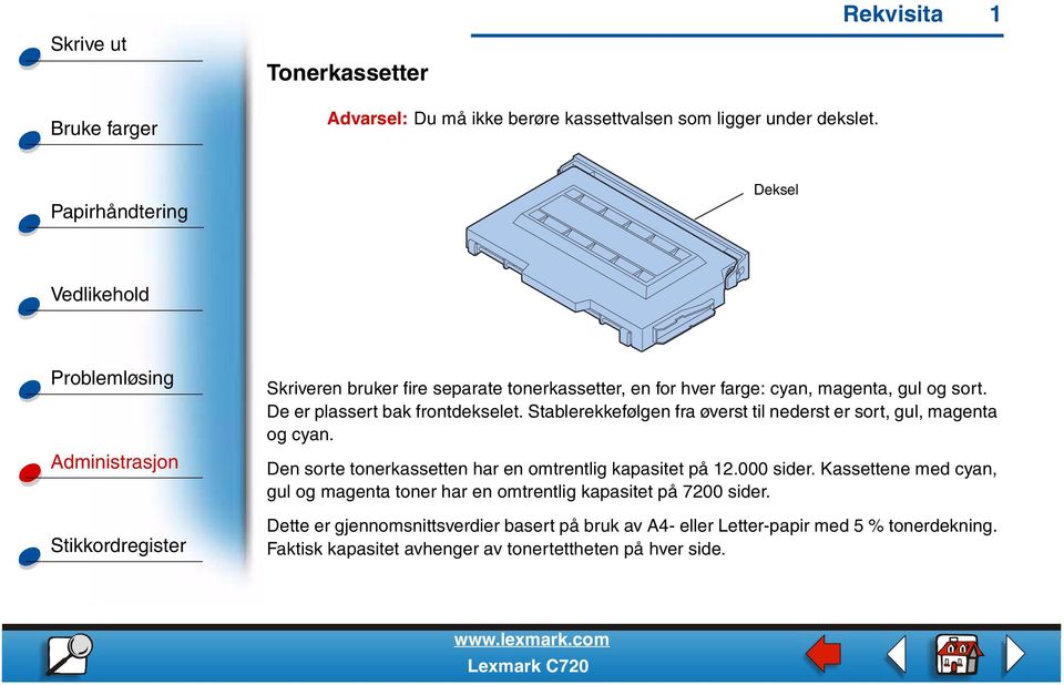 Stablerekkefølgen fra øverst til nederst er sort, gul, magenta og cyan. Den sorte tonerkassetten har en omtrentlig kapasitet på 12.000 sider.