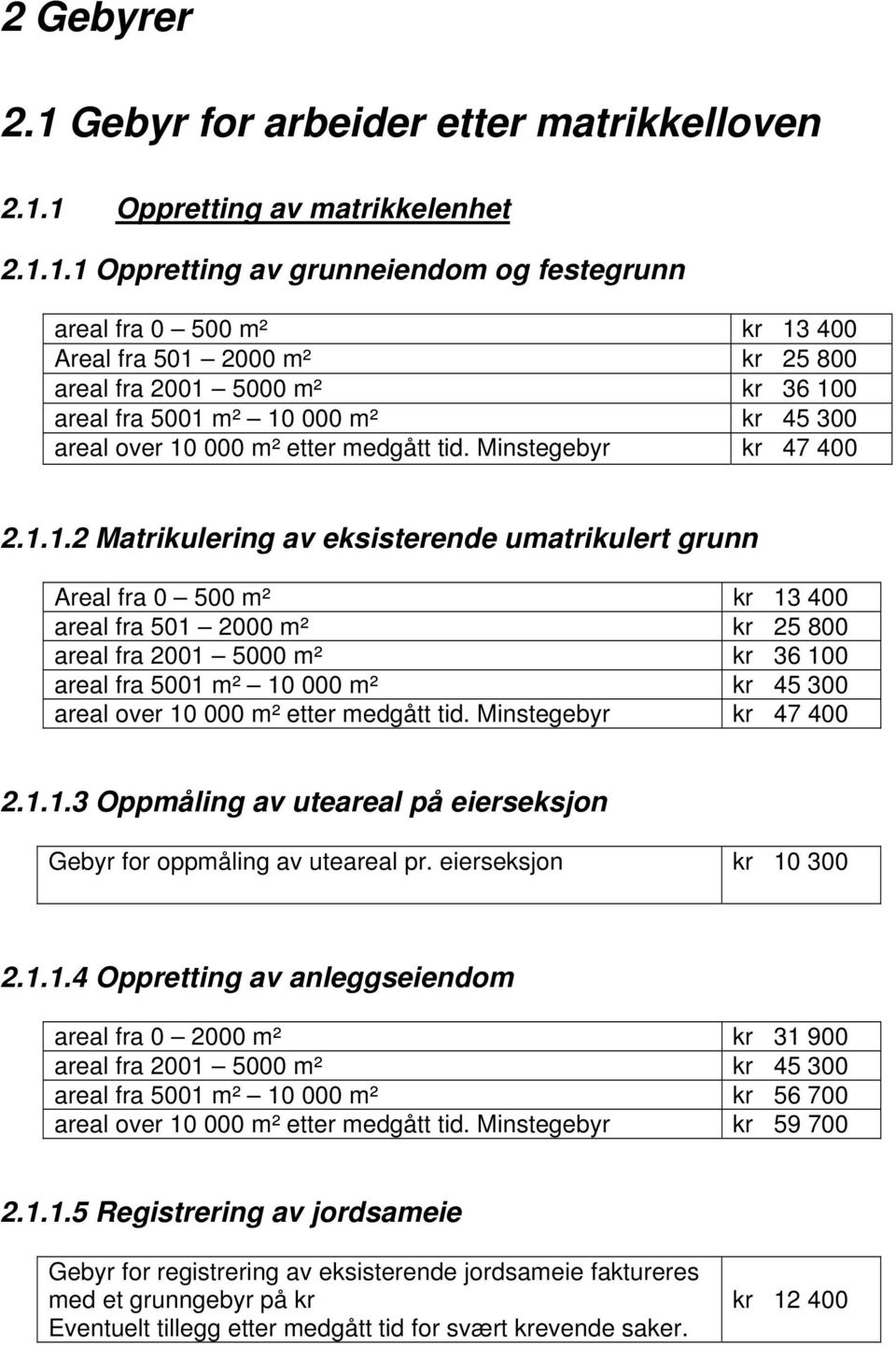 1 Oppretting av matrikkelenhet 2.1.1.1 Oppretting av grunneiendom og festegrunn areal fra 0 500 m² kr 13 400 Areal fra 501 2000 m² kr 25 800 areal fra 2001 5000 m² kr 36 100 areal fra 5001 m² 10 000