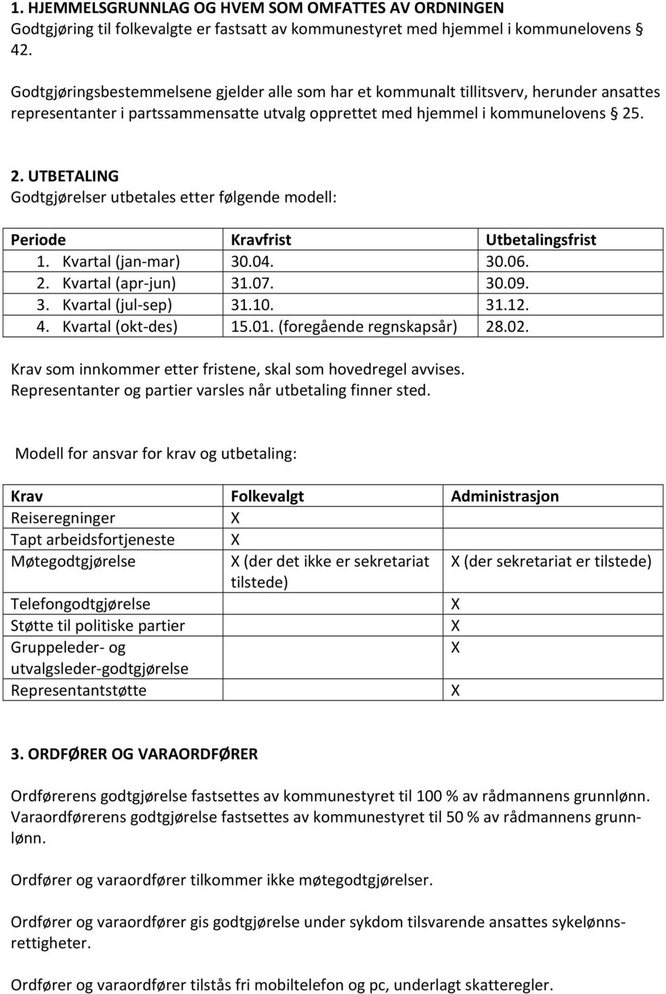 . 2. UTBETALING Godtgjørelser utbetales etter følgende modell: Periode Kravfrist Utbetalingsfrist 1. Kvartal (jan mar) 30.04. 30.06. 2. Kvartal (apr jun) 31.07. 30.09. 3. Kvartal (jul sep) 31.10. 31.12.