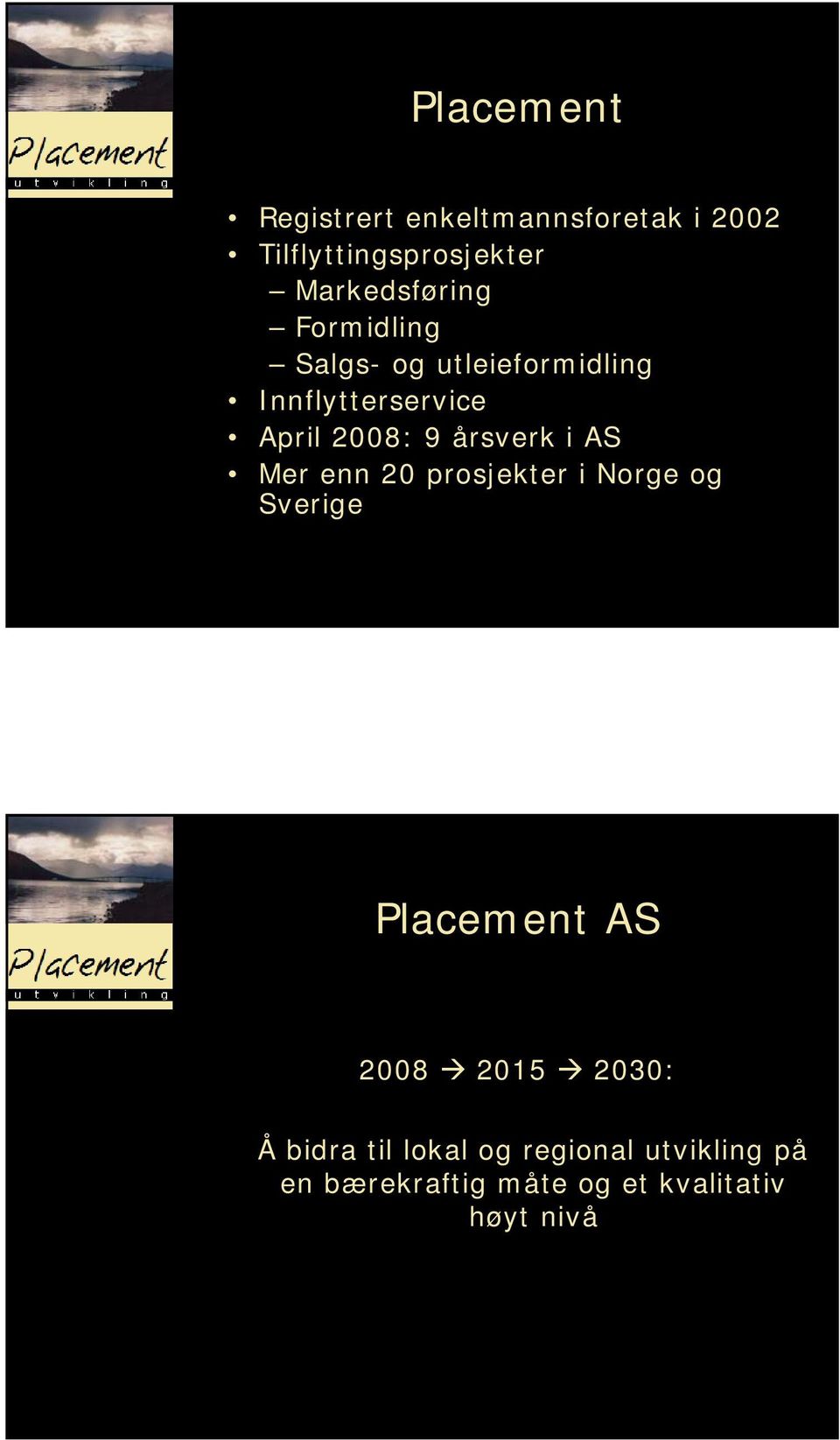 9 årsverk i AS Mer enn 20 prosjekter i Norge og Sverige Placement AS 2008 2015
