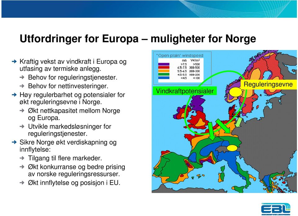 Økt nettkapasitet mellom Norge og Europa. Utvikle markedsløsninger for reguleringstjenester.