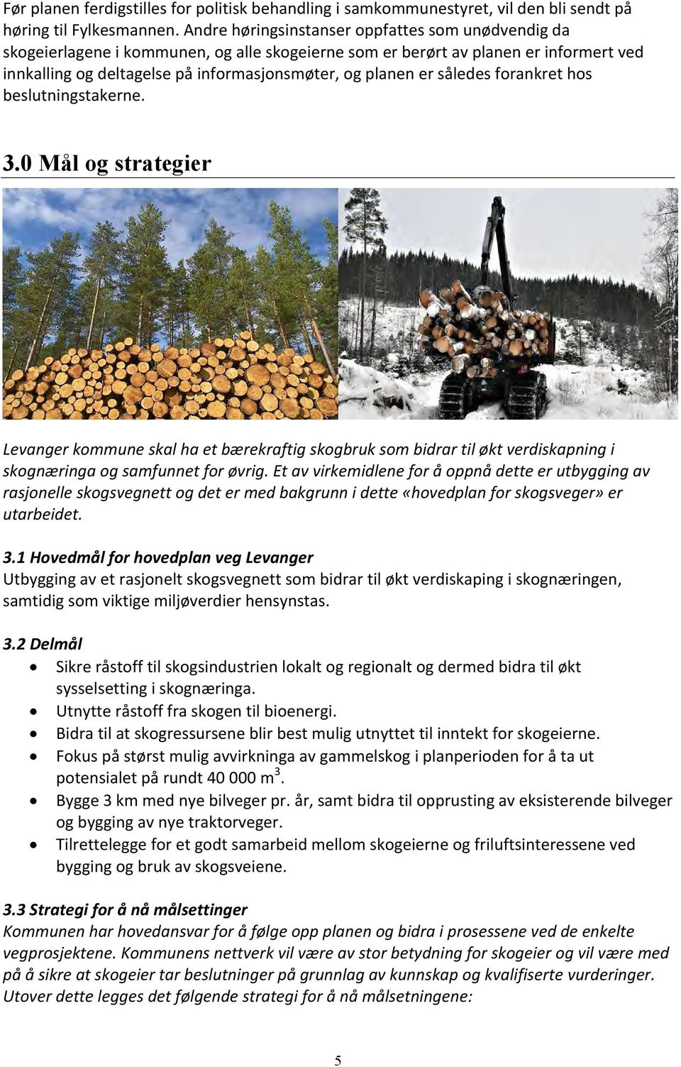 således forankret hos beslutningstakerne. 3.0 Mål og strategier Levanger kommune skal ha et bærekraftig skogbruk som bidrar til økt verdiskapning i skognæringa og samfunnet for øvrig.