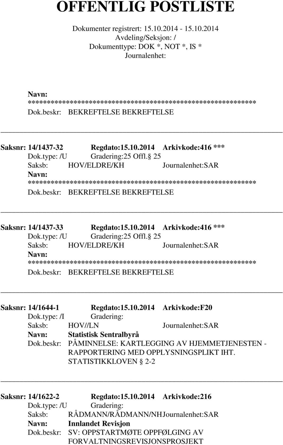 beskr: PÅMINNELSE: KARTLEGGING AV HJEMMETJENESTEN - RAPPORTERING MED OPPLYSNINGSPLIKT IHT. STATISTIKKLOVEN 2-2 Saksnr: 14/1622-2 Regdato:15.