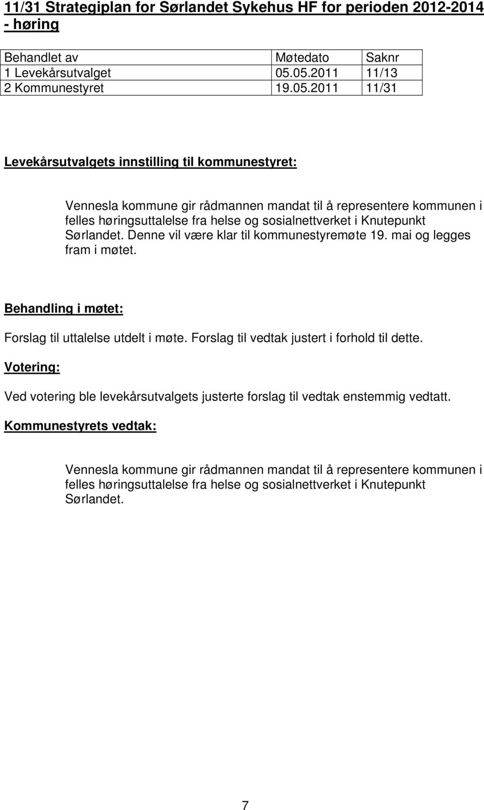 høringsuttalelse fra helse og sosialnettverket i Knutepunkt Sørlandet. Denne vil være klar til kommunestyremøte 19. mai og legges fram i møtet.