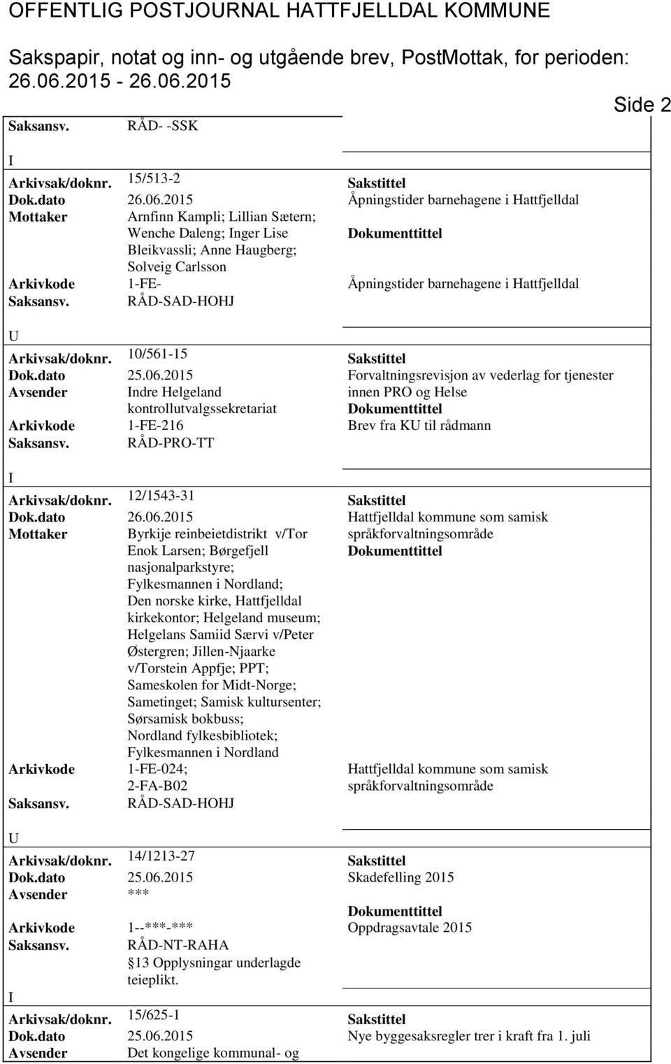 Hattfjelldal Arkivsak/doknr. 10/561-15 Sakstittel Dok.dato 25.06.