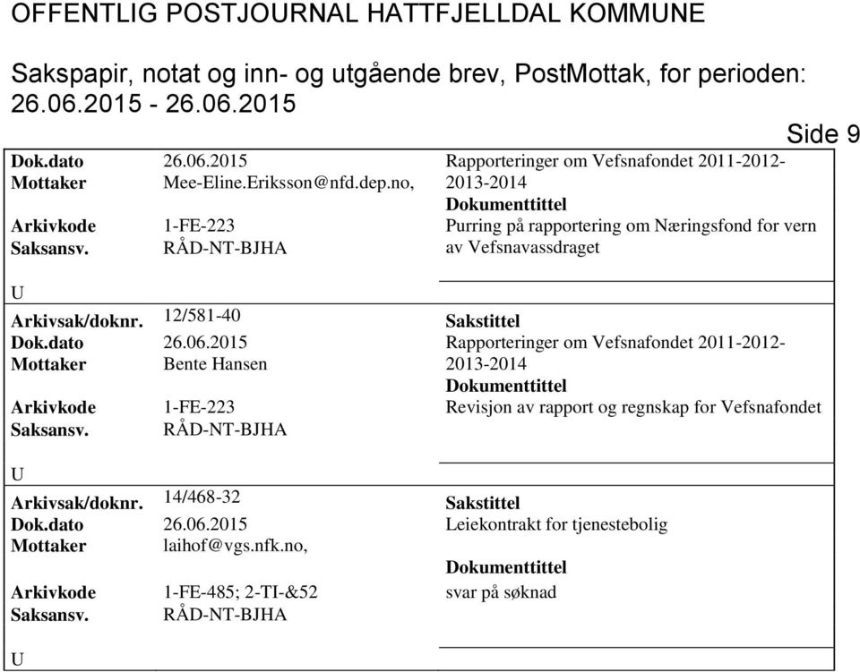 06.2015 Rapporteringer om Vefsnafondet 2011-2012- Mottaker Bente Hansen 2013-2014 Arkivkode 1-FE-223 Revisjon av rapport og regnskap for Vefsnafondet