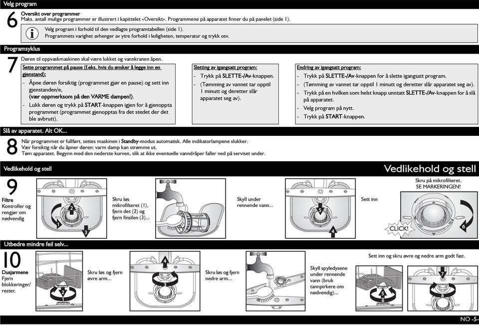 Programsyklus 7 8 Døren til oppvaskmaskinen skal være lukket og vannkranen åpen. Sette programmet på pause (f.eks.