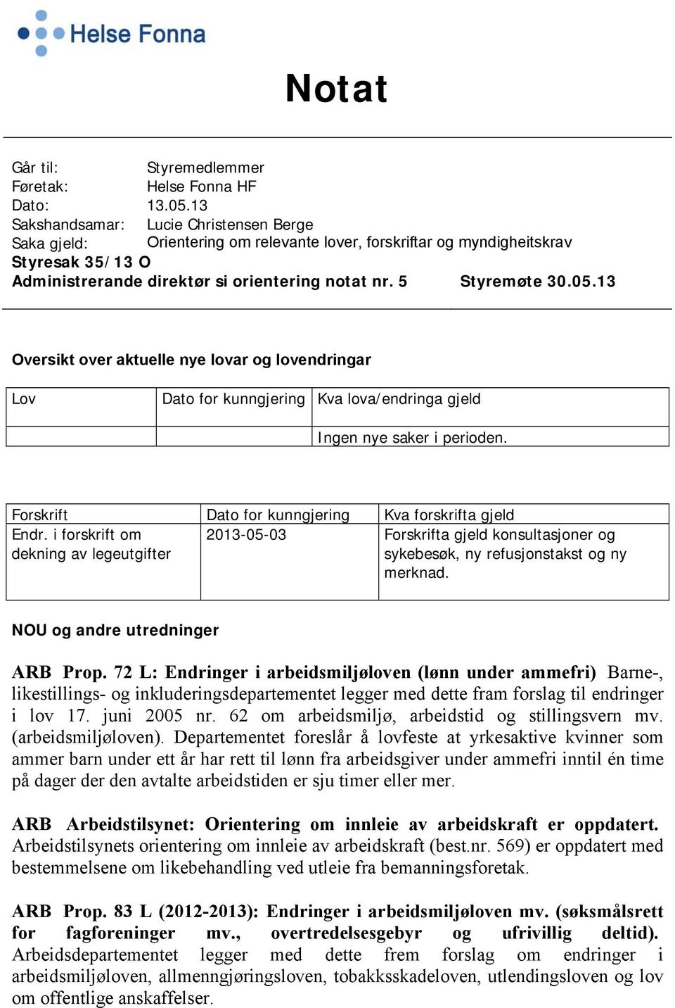 05.13 Oversikt over aktuelle nye lovar og lovendringar Lov Dato for kunngjering Kva lova/endringa gjeld Ingen nye saker i perioden. Forskrift Dato for kunngjering Kva forskrifta gjeld Endr.