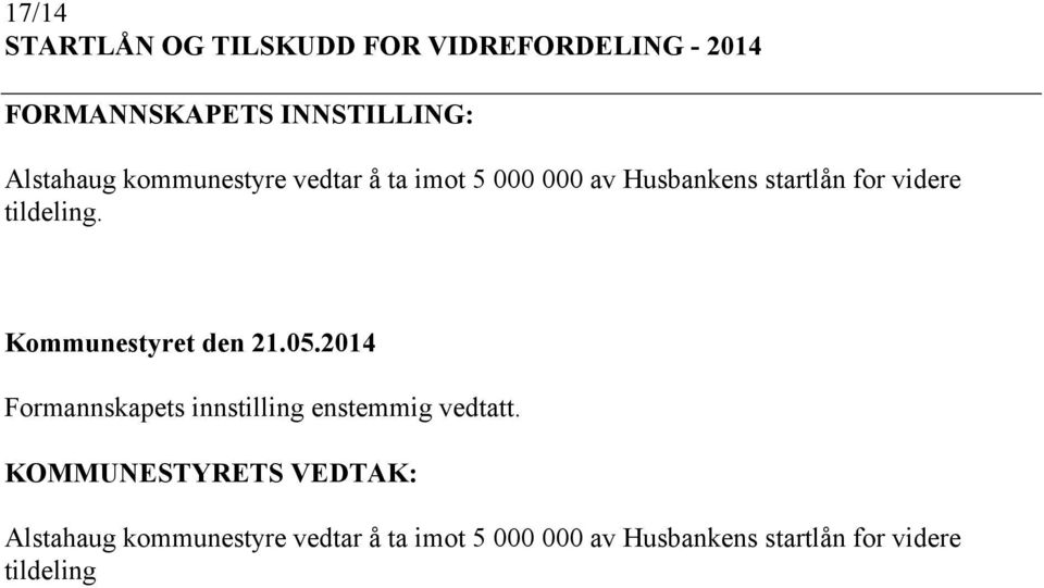 startlån for videre tildeling. Formannskapets innstilling enstemmig vedtatt.