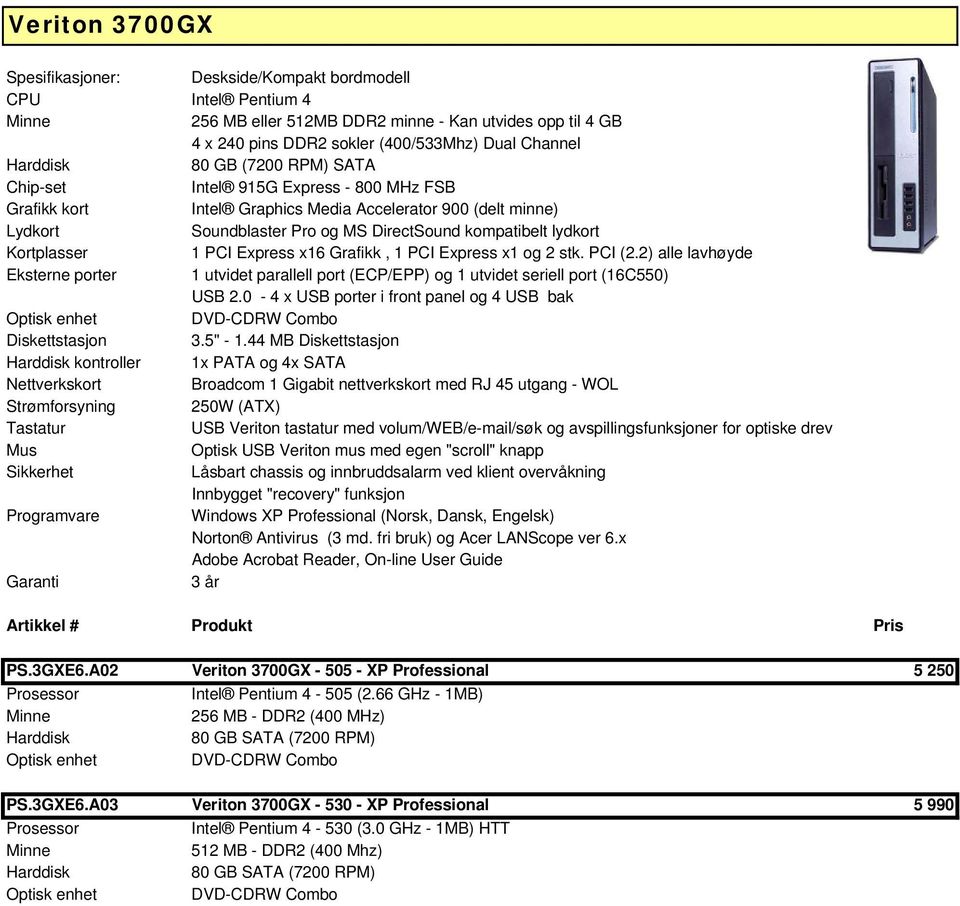 2) alle lavhøyde kontroller 1x PATA og 4x SATA Strømforsyning 250W (ATX) PS.3GXE6.