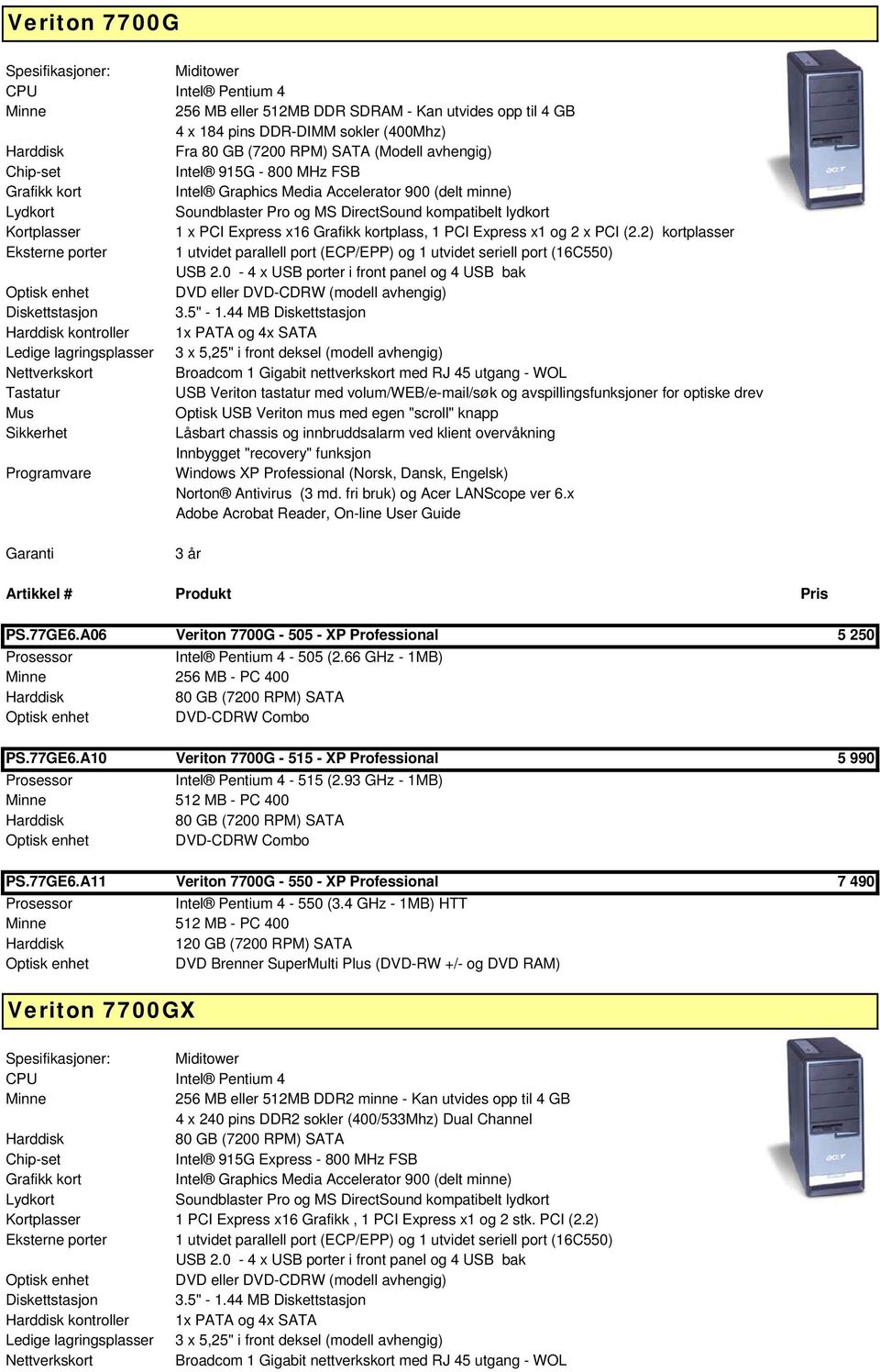 A06 Veriton 7700G - 505 - XP Professional 5 250 - PC 400 PS.77GE6.A10 Veriton 7700G - 515 - XP Professional 5 990 Intel Pentium 4-515 (2.93 GHz - 1MB) 512 MB - PC 400 PS.77GE6.A11 Veriton 7700G - 550 - XP Professional 7 490 Intel Pentium 4-550 (3.