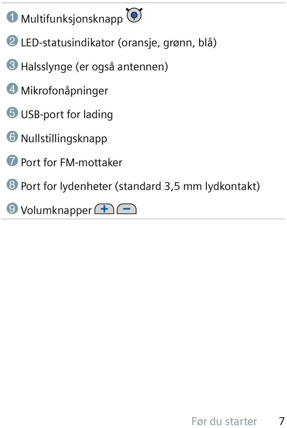 lading 6 Nullstillingsknapp 7 Port for FM-mottaker 8 Port for
