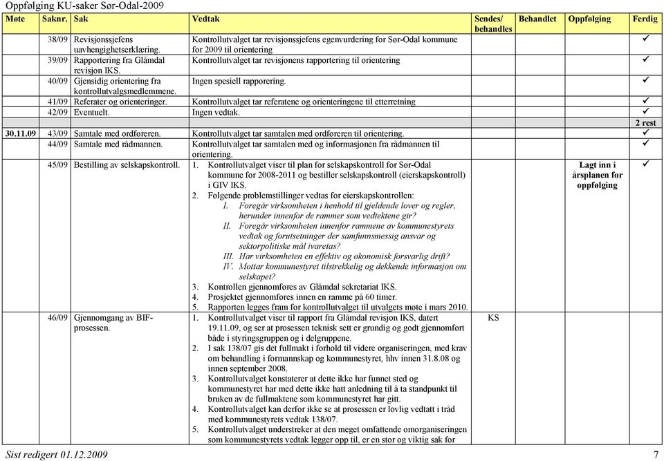 41/09 Referater og orienteringer. Kontrollutvalget tar referatene og orienteringene til etterretning 42/09 Eventuelt. Ingen vedtak. 2 rest 30.11.09 43/09 Samtale med ordføreren.