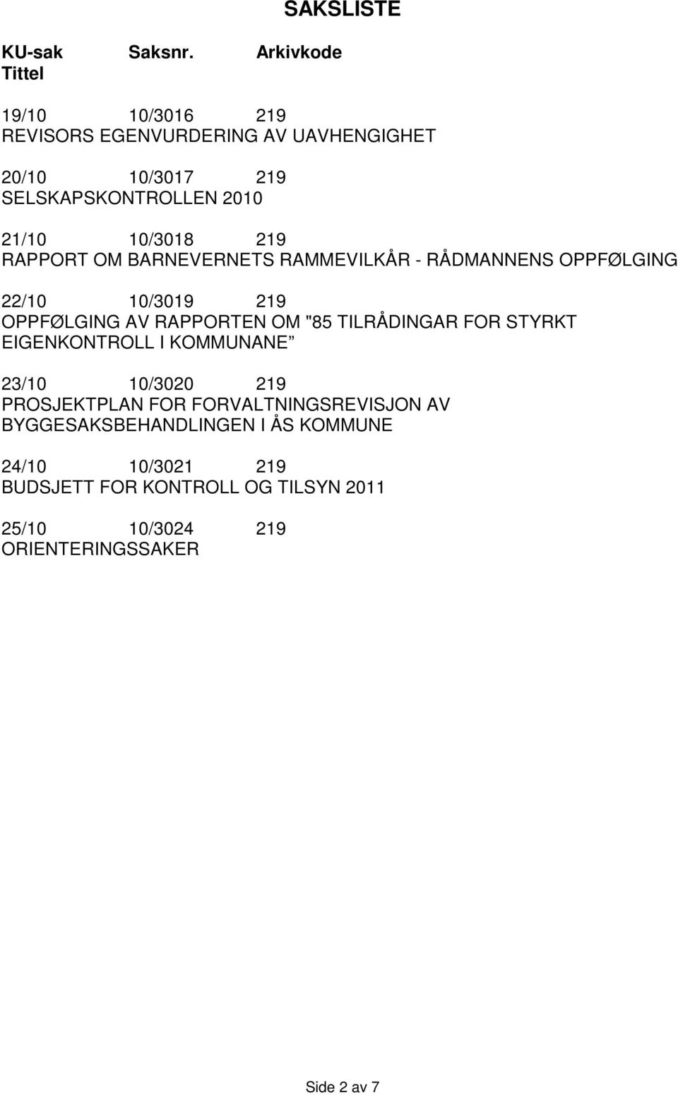 21/10 10/3018 219 RAPPORT OM BARNEVERNETS RAMMEVILKÅR - RÅDMANNENS OPPFØLGING 22/10 10/3019 219 OPPFØLGING AV RAPPORTEN OM "85