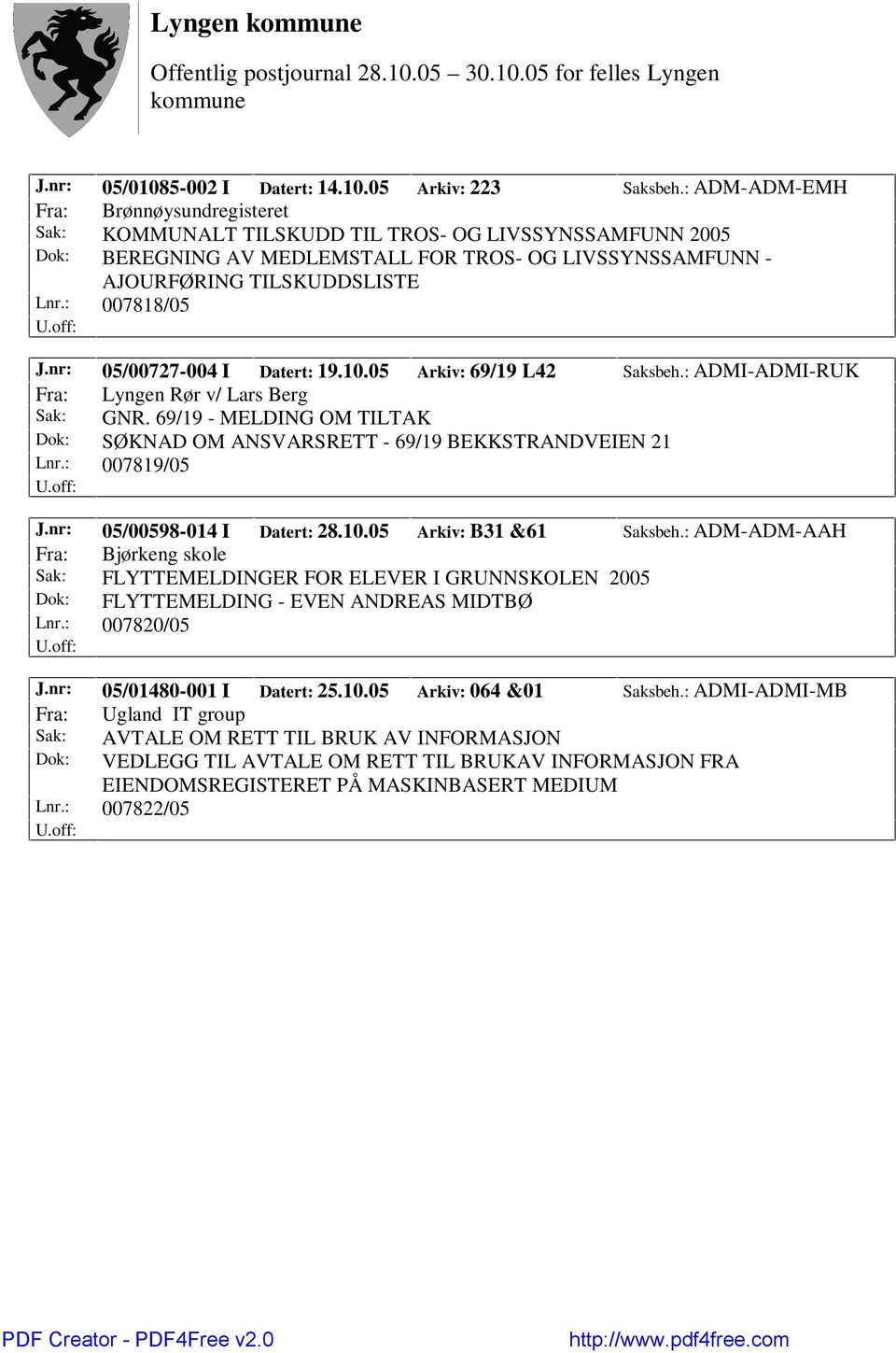 : 007818/05 J.nr: 05/00727-004 I Datert: 19.10.05 Arkiv: 69/19 L42 Saksbeh.: ADMI-ADMI-RUK Fra: Lyngen Rør v/ Lars Berg Sak: GNR.