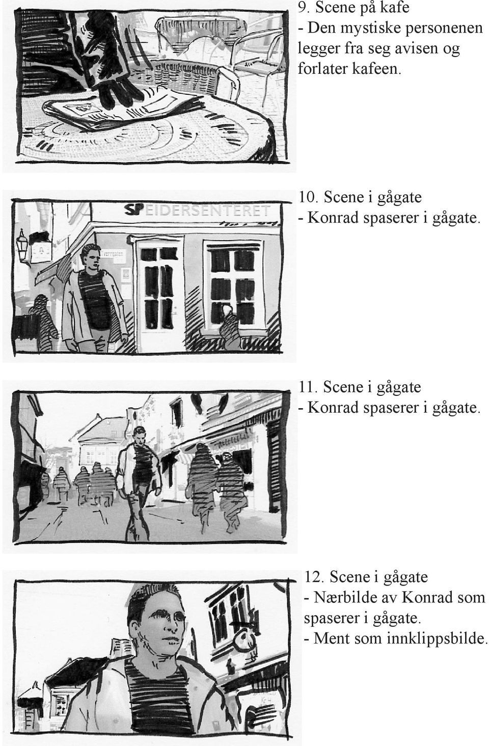 11. Scene i gågate - Konrad spaserer i gågate. 12.