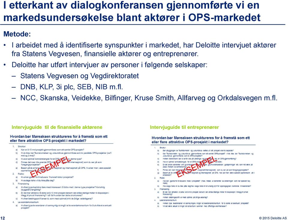 Deloitte har utført intervjuer av personer i følgende selskaper: Statens Vegvesen og Vegdirektoratet DNB, KLP, 3i plc, SEB, NIB m.fl.