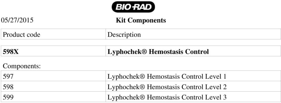 597 Lyphochek Hemostasis Control Level 1 598 Lyphochek