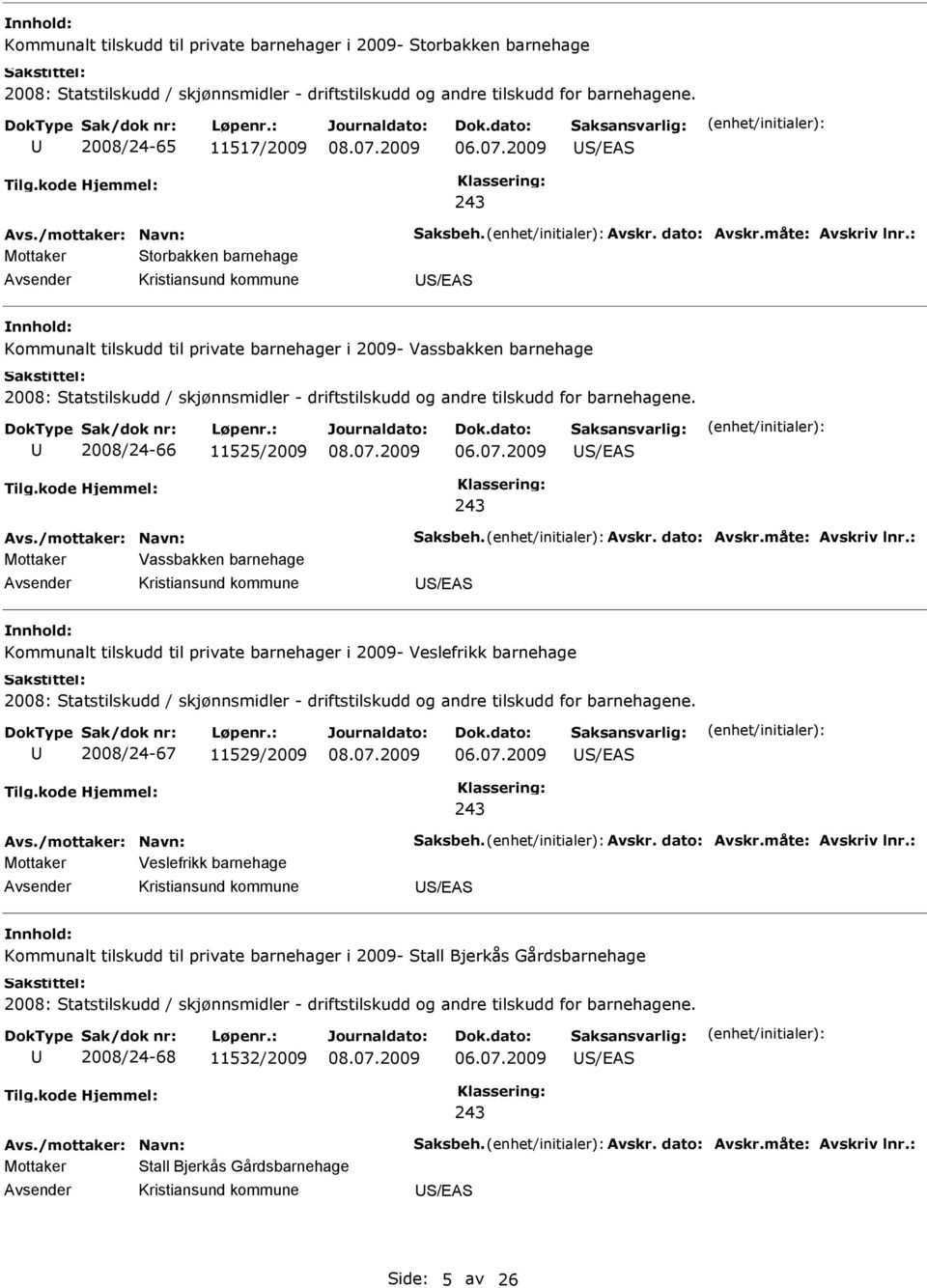 Kommunalt tilskudd til private barnehager i 2009- Veslefrikk barnehage 2008/24-67 11529/2009 S/S Mottaker Veslefrikk barnehage S/S