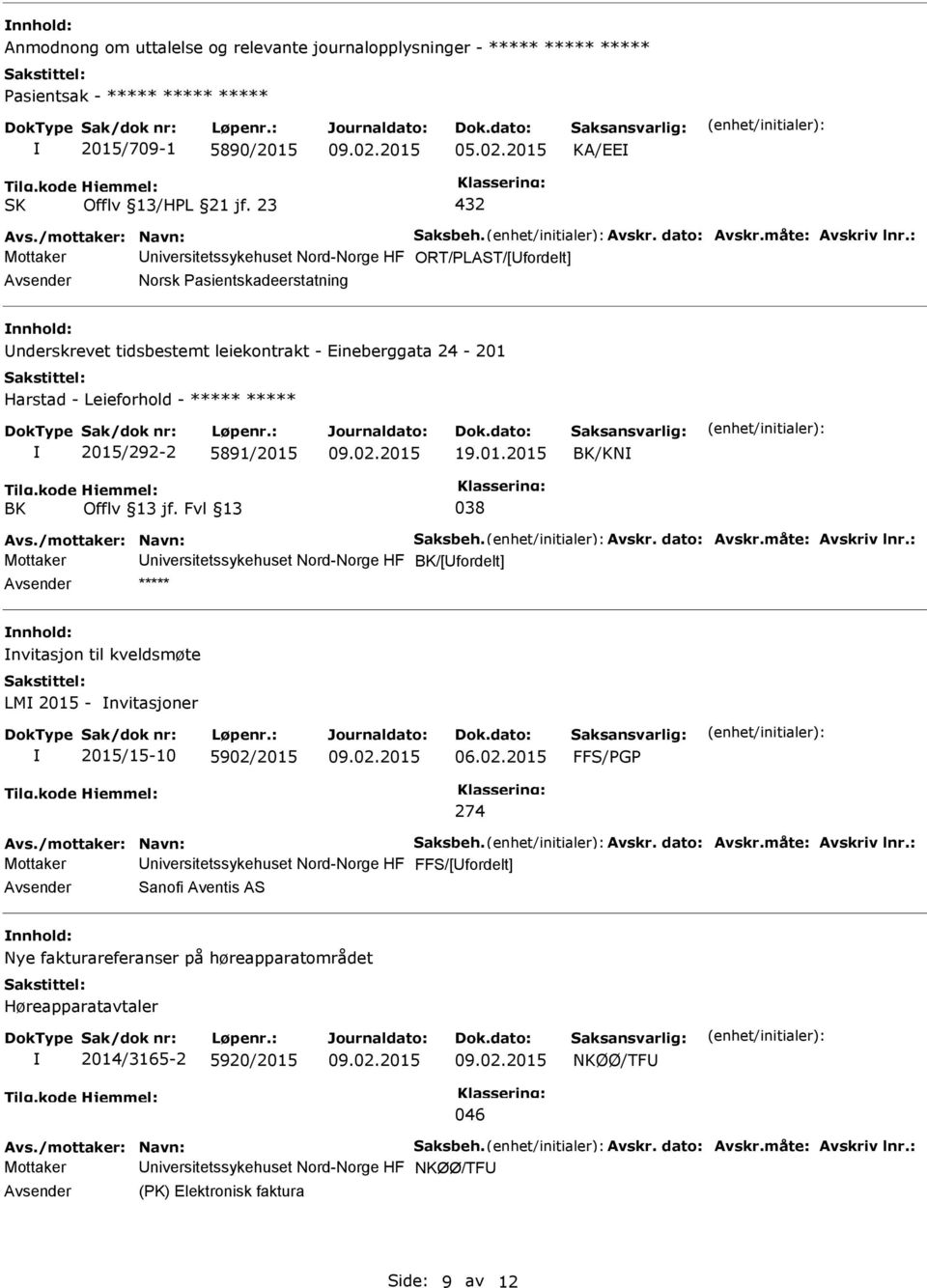 : Mottaker niversitetssykehuset Nord-Norge HF ORT/PLAST/[fordelt] Norsk Pasientskadeerstatning nnhold: nderskrevet tidsbestemt leiekontrakt - Eineberggata 24-201 Harstad - Leieforhold - ***** *****