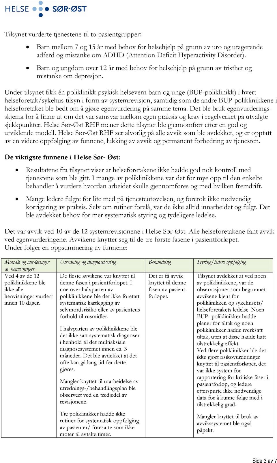 Under tilsynet fikk én poliklinikk psykisk helsevern barn og unge (BUP-poliklinikk) i hvert helseforetak/sykehus tilsyn i form av systemrevisjon, samtidig som de andre BUP-poliklinikkene i