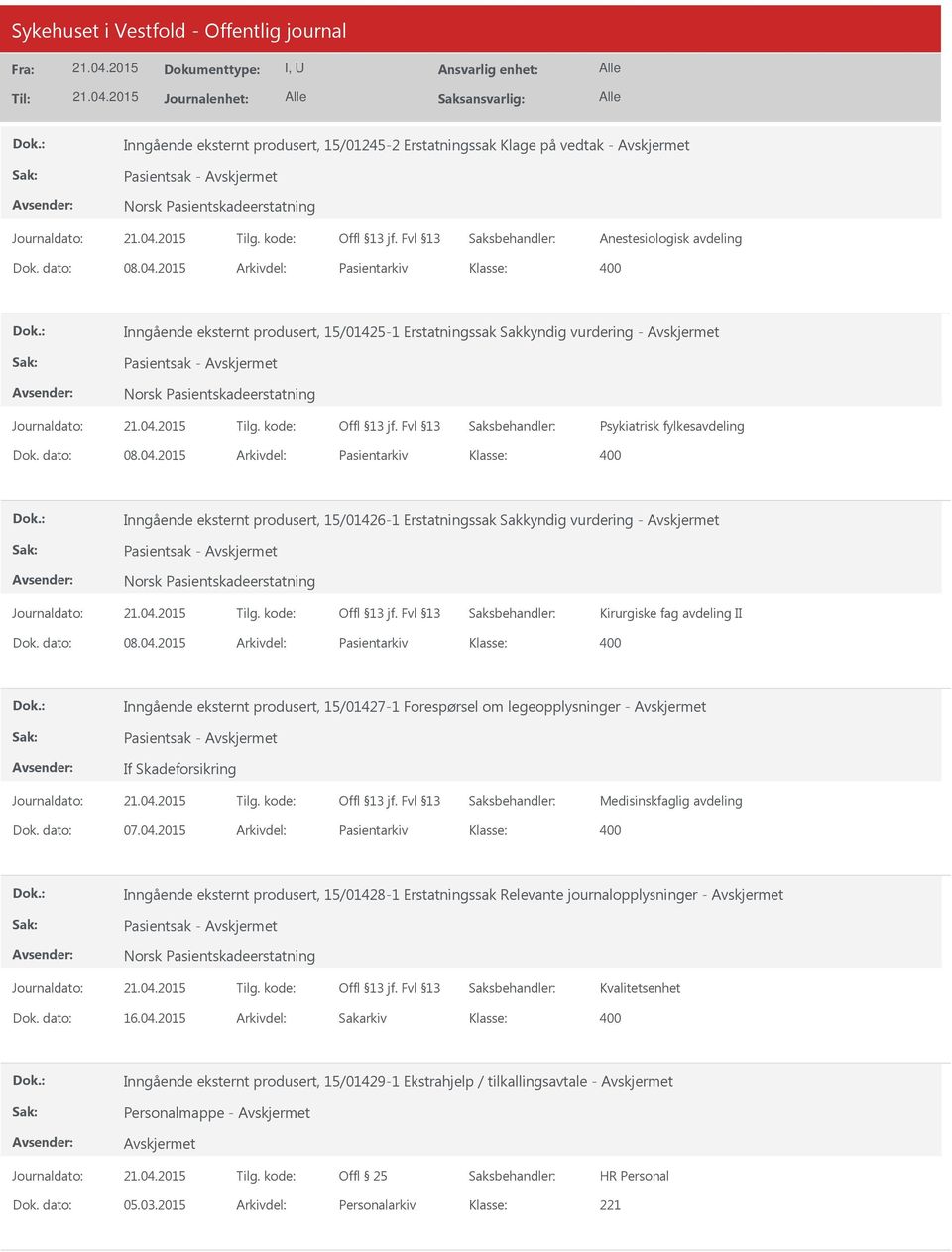 2015 Arkivdel: Pasientarkiv Inngående eksternt produsert, 15/01426-1 Erstatningssak Sakkyndig vurdering - Kirurgiske fag avdeling II Dok. dato: 08.04.