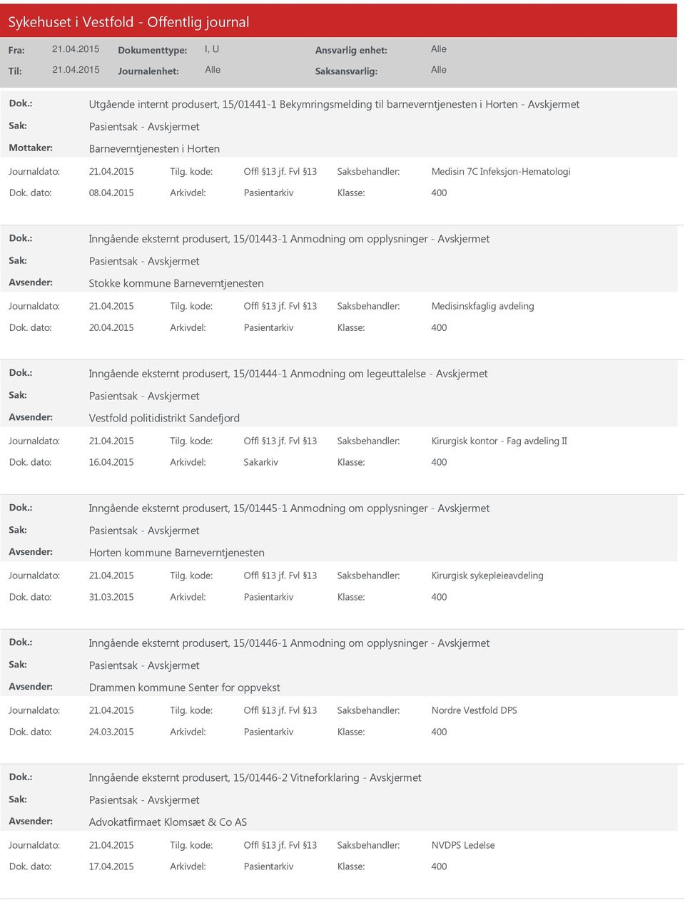 2015 Arkivdel: Pasientarkiv Inngående eksternt produsert, 15/01444-1 Anmodning om legeuttalelse - Vestfold politidistrikt Sandefjord Kirurgisk kontor - Fag avdeling II Dok. dato: 16.04.