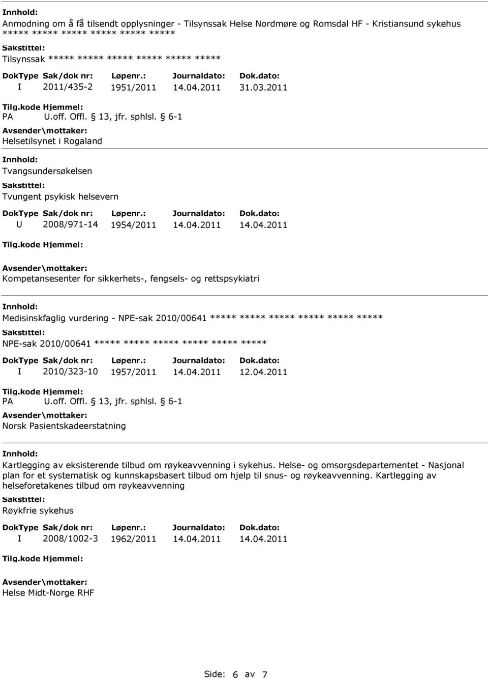 2011 Helsetilsynet i Rogaland Tvangsundersøkelsen Tvungent psykisk helsevern 2008/971-14 1954/2011 Kompetansesenter for sikkerhets-, fengsels- og rettspsykiatri Medisinskfaglig vurdering - NPE-sak