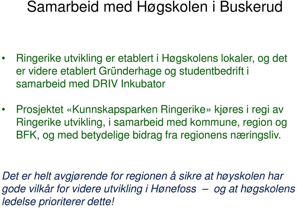 Ringerike utvikling, i samarbeid med kommune, region og BFK, og med betydelige bidrag fra regionens næringsliv.