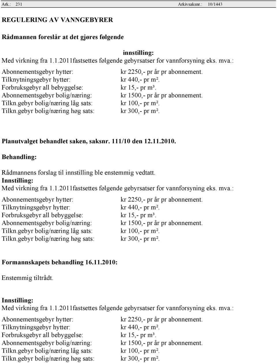 gebyr bolig/næring høg sats: kr 2250,- pr år pr abonnement. kr 440,- pr m². kr 15,- pr m³. kr 1500,- pr år pr abonnement. kr 100,- pr m². kr 300,- pr m². Planutvalget behandlet saken, saksnr.