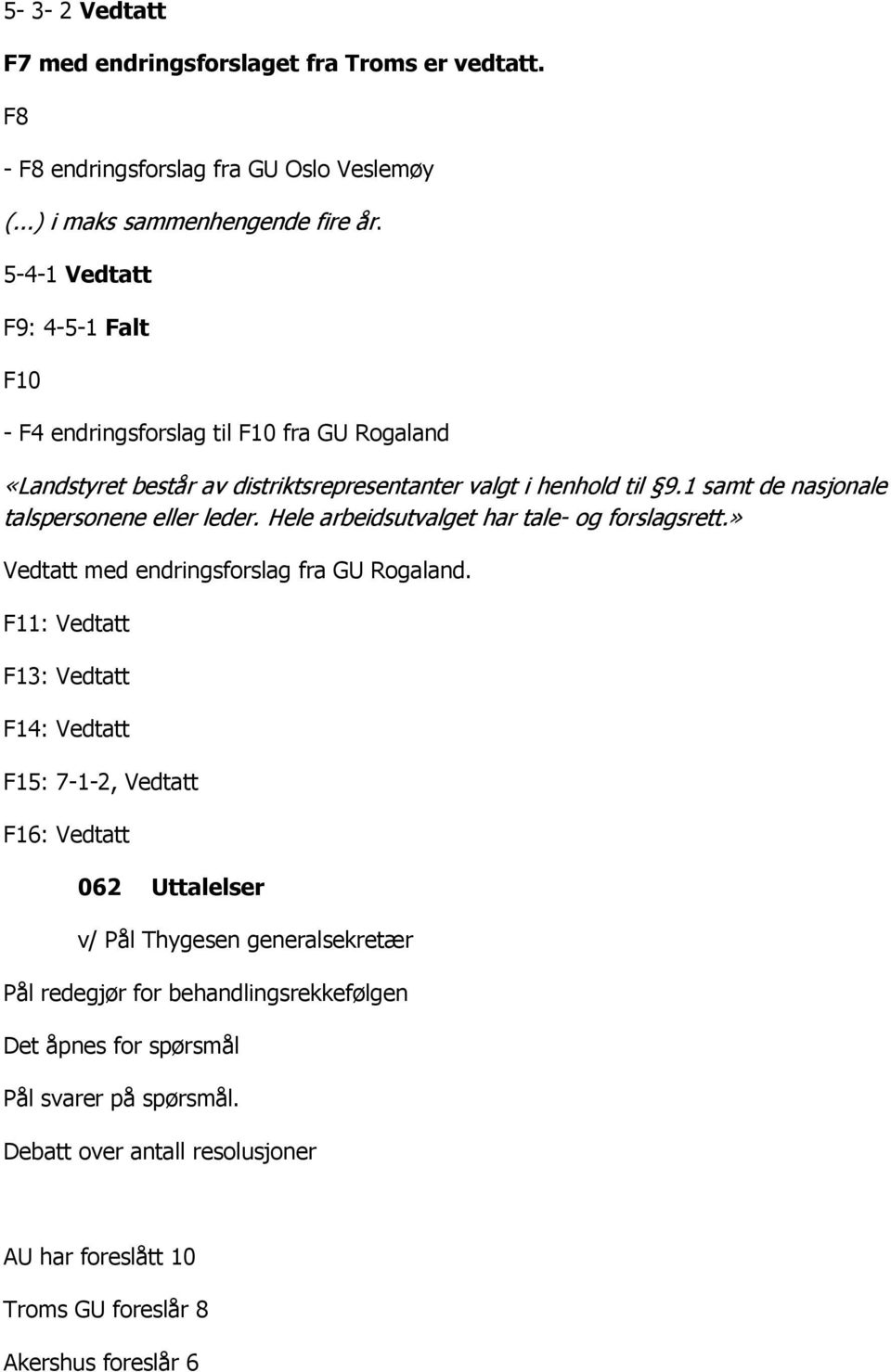 1 samt de nasjonale talspersonene eller leder. Hele arbeidsutvalget har tale- og forslagsrett.» Vedtatt med endringsforslag fra GU Rogaland.