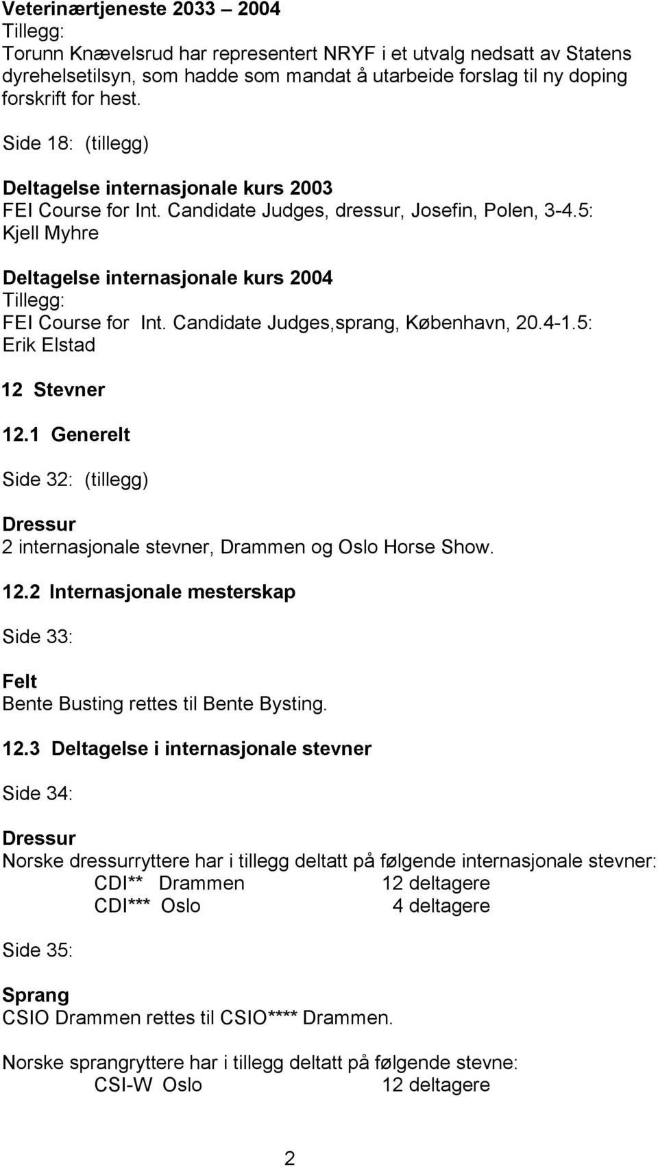 5: Kjell Myhre Deltagelse internasjonale kurs 2004 Tillegg: FEI Course for Int. Candidate Judges,sprang, København, 20.4-1.5: Erik Elstad 12 Stevner 12.