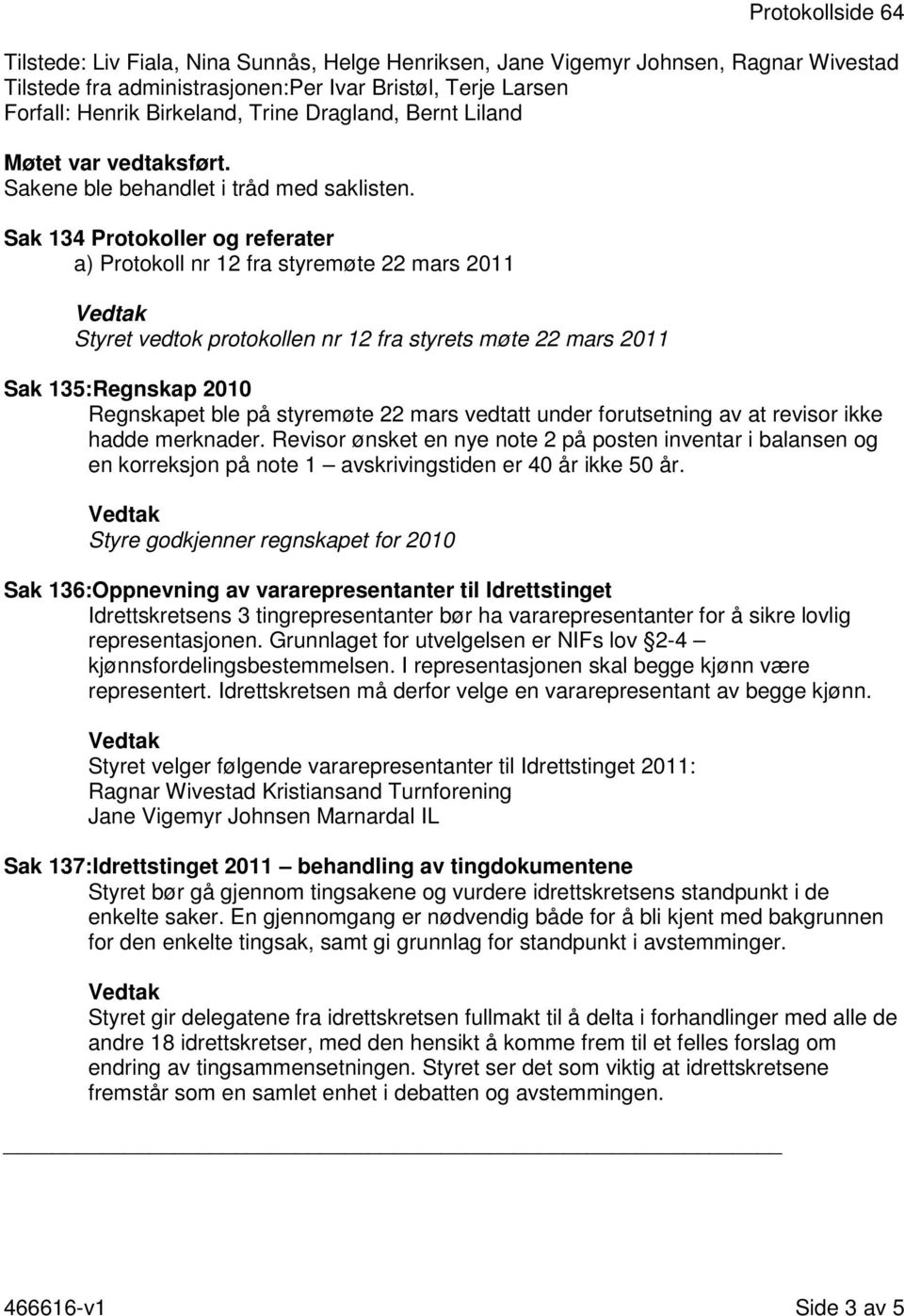 Sak 134 Protokoller og referater a) Protokoll nr 12 fra styremøte 22 mars 2011 Styret vedtok protokollen nr 12 fra styrets møte 22 mars 2011 Sak 135:Regnskap 2010 Regnskapet ble på styremøte 22 mars