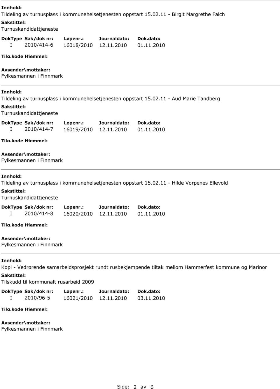 Vorpenes llevold Turnuskandidattjeneste 2010/414-8 16020/2010 nnhold: Kopi - Vedrørende samarbeidsprosjekt rundt rusbekjempende tiltak mellom Hammerfest