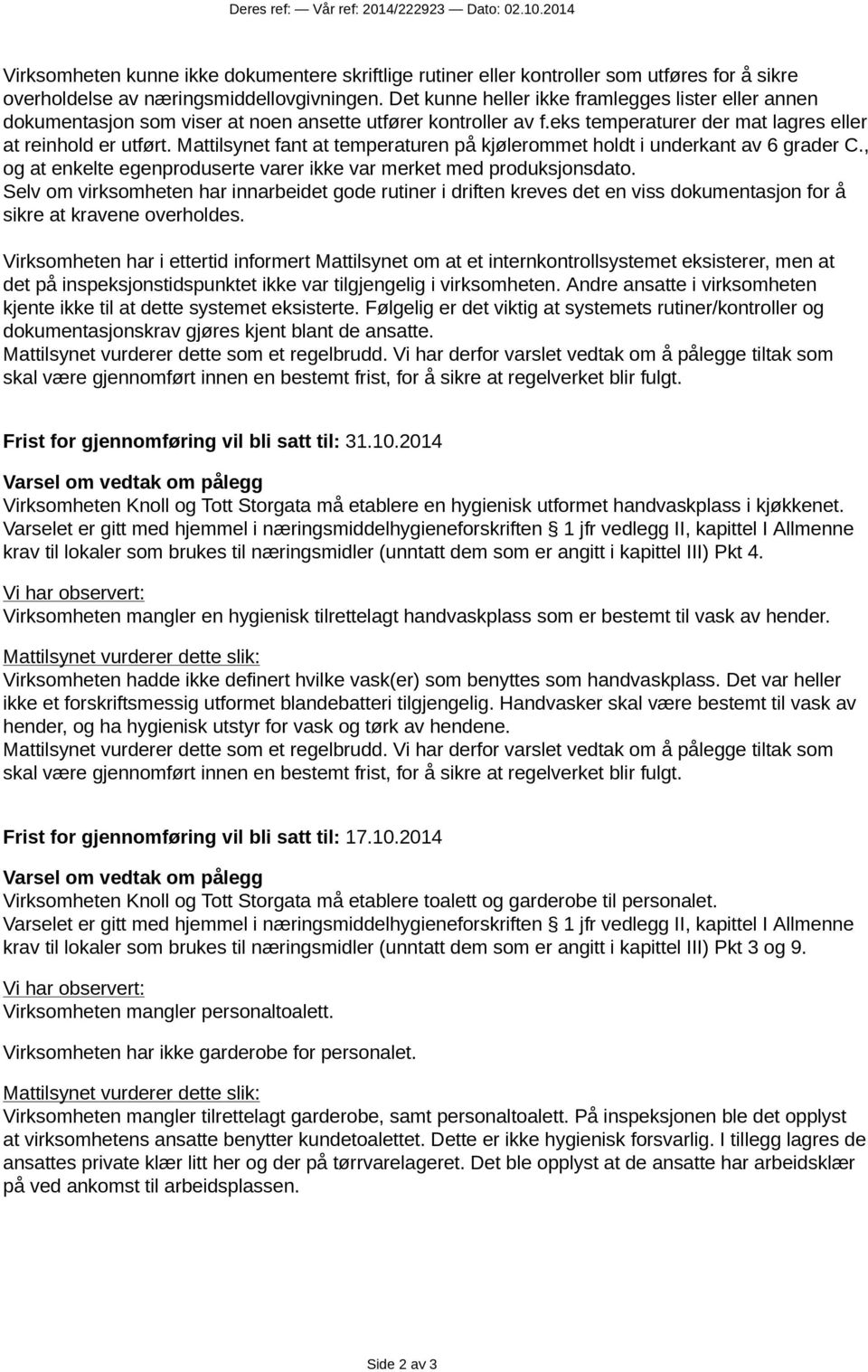 Mattilsynet fant at temperaturen på kjølerommet holdt i underkant av 6 grader C., og at enkelte egenproduserte varer ikke var merket med produksjonsdato.