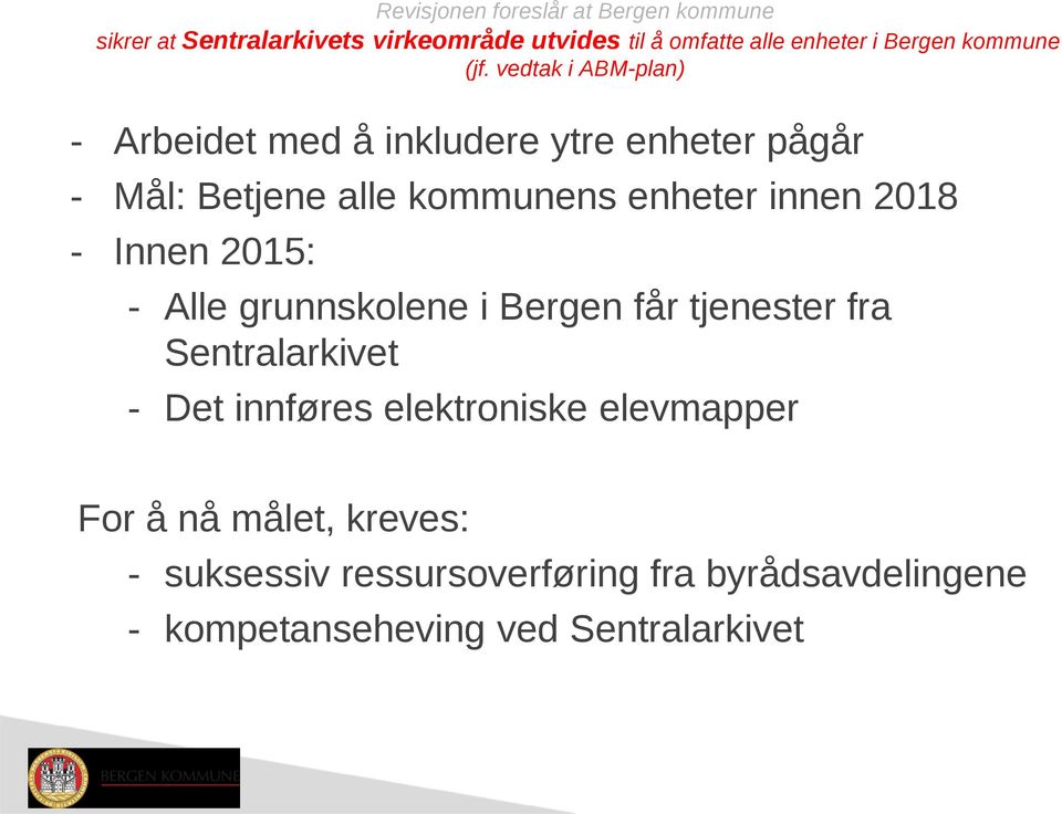 2018 - Innen 2015: - Alle grunnskolene i Bergen får tjenester fra Sentralarkivet - Det innføres elektroniske