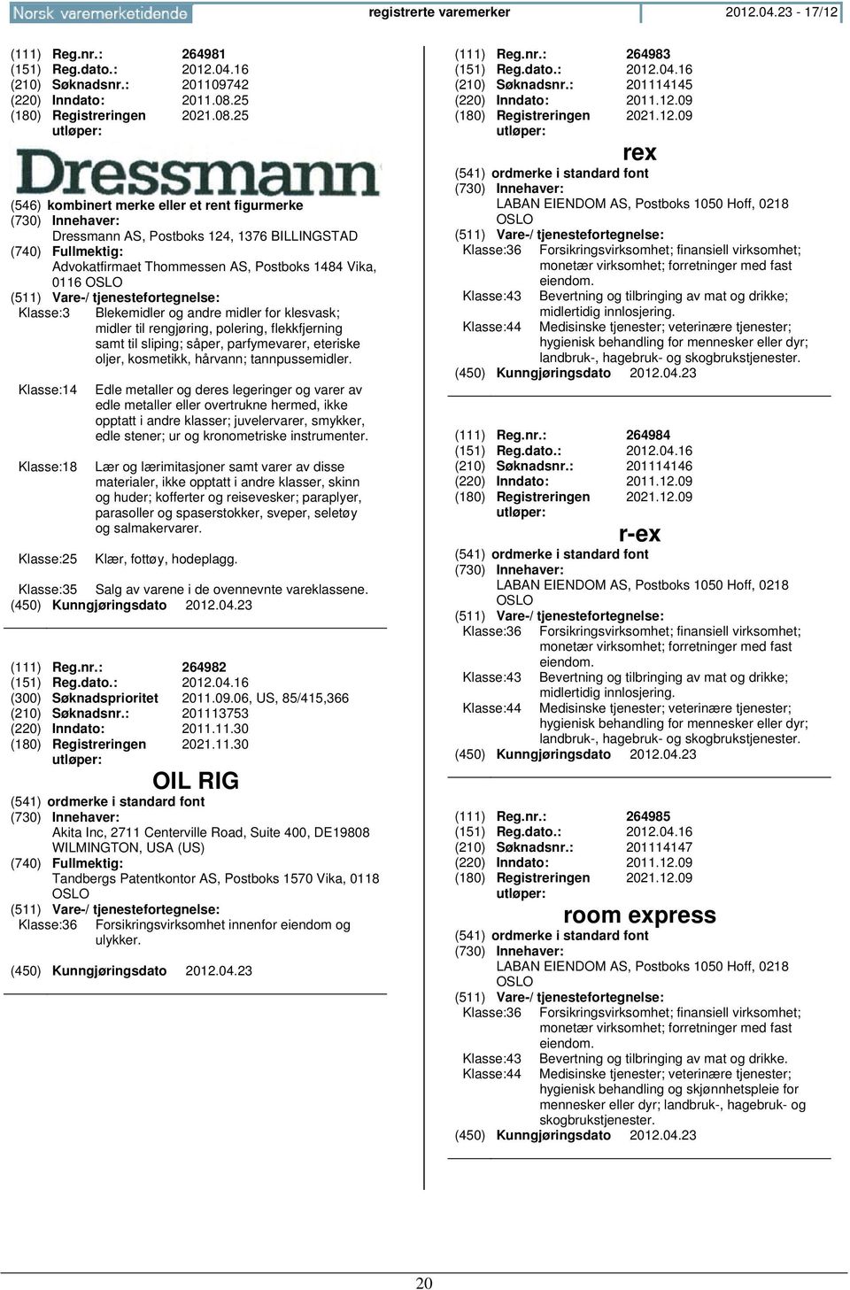 25 (546) kombinert merke eller et rent figurmerke Dressmann AS, Postboks 124, 1376 BILLINGSTAD Advokatfirmaet Thommessen AS, Postboks 1484 Vika, 0116 OSLO Klasse:3 Blekemidler og andre midler for