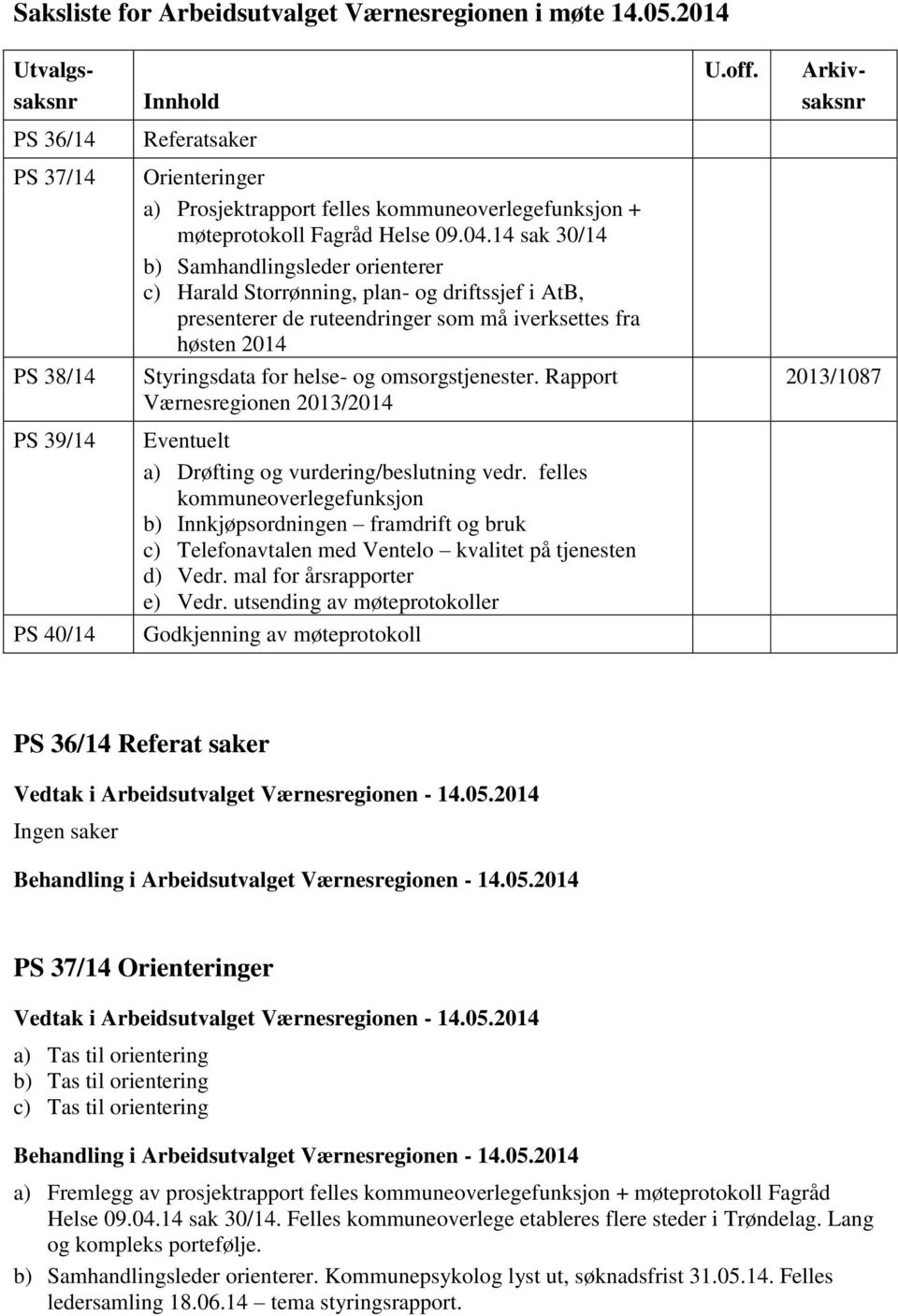 14 sak 30/14 b) Samhandlingsleder orienterer c) Harald Storrønning, plan- og driftssjef i AtB, presenterer de ruteendringer som må iverksettes fra høsten 2014 PS 38/14 Styringsdata for helse- og