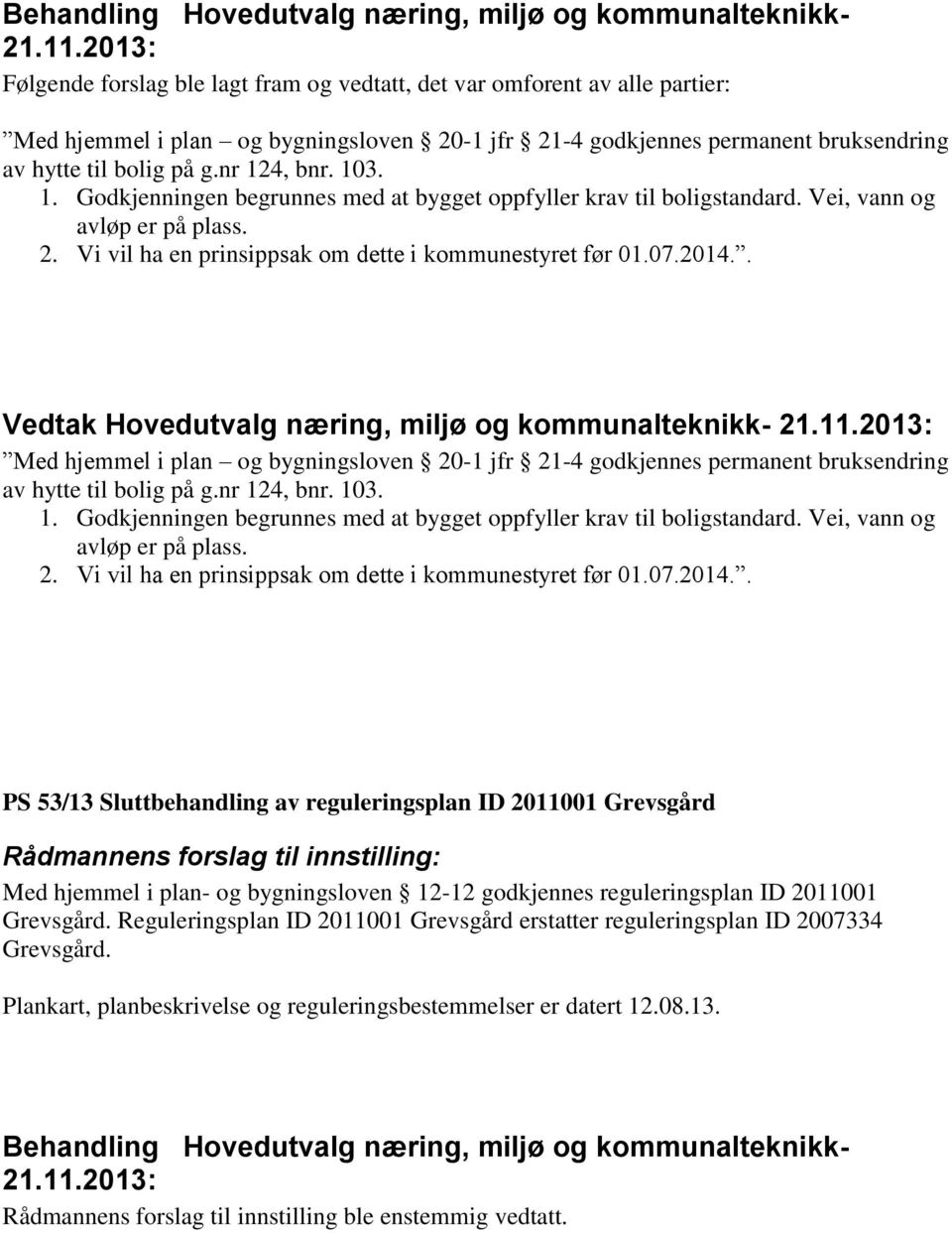 . Vedtak Hovedutvalg næring, miljø og kommunalteknikk- Med hjemmel i plan og bygningsloven 20-1 jfr 21-4 godkjennes permanent bruksendring av hytte til bolig på g.nr 124, bnr.