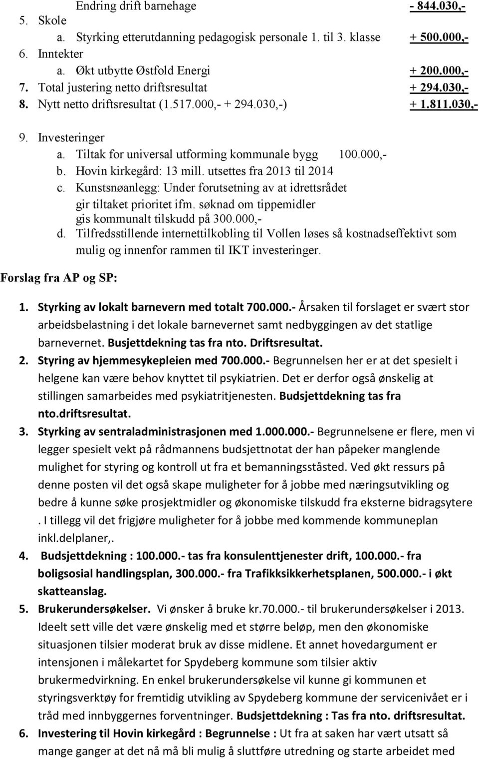 Hovin kirkegård: 13 mill. utsettes fra 2013 til 2014 c. Kunstsnøanlegg: Under forutsetning av at idrettsrådet gir tiltaket prioritet ifm. søknad om tippemidler gis kommunalt tilskudd på 300.000,- d.