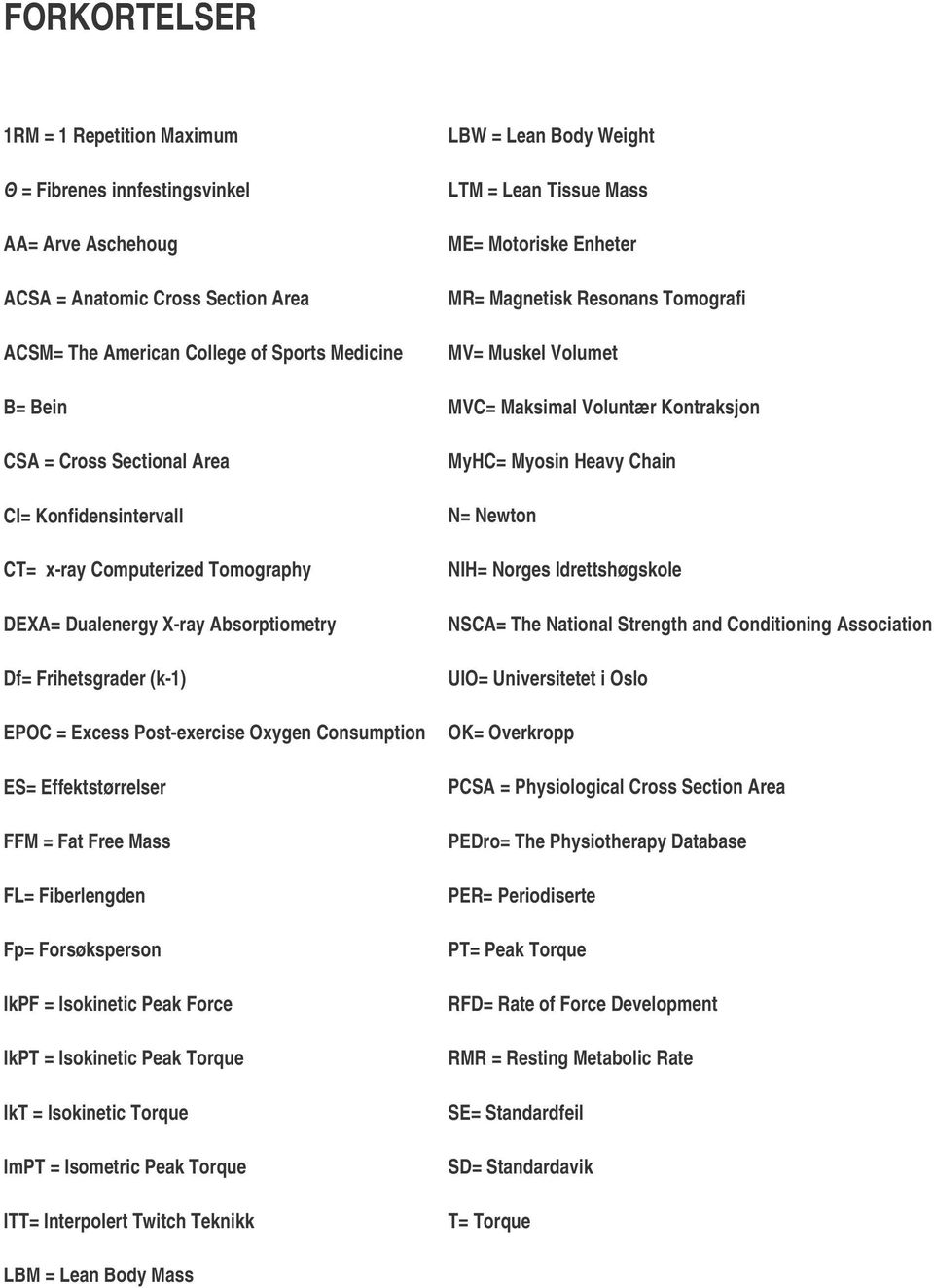 Computerized Tomography DEXA= Dualenergy X-ray Absorptiometry Df= Frihetsgrader (k-1) EPOC = Excess Post-exercise Oxygen Consumption ES= Effektstørrelser FFM = Fat Free Mass FL= Fiberlengden Fp=