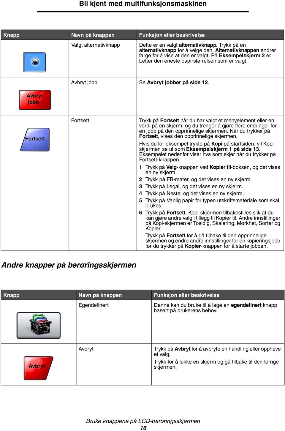 Avbryt jobb Fortsett Fortsett Trykk på Fortsett når du har valgt et menyelement eller en verdi på en skjerm, og du trenger å gjøre flere endringer for en jobb på den opprinnelige skjermen.