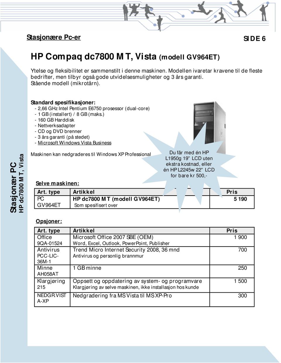 Standard spesifikasjoner: - 2,66 GHz Intel Pentium E6750 prosessor (dual-core) - 1 GB (installert) / 8 GB (maks.