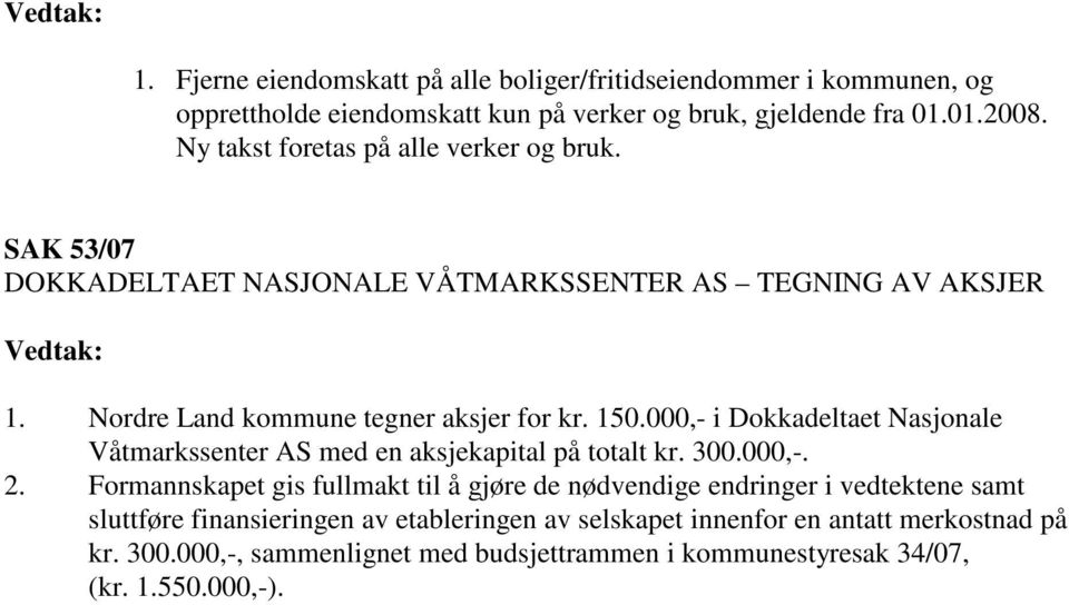 000,- i Dokkadeltaet Nasjonale Våtmarkssenter AS med en aksjekapital på totalt kr. 300.000,-. 2.
