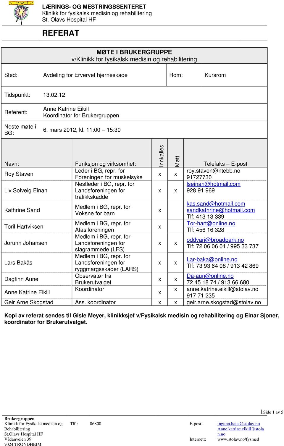 for trafikkskadde Voksne for barn Innkalles Møtt Telefaks E-post roy.staven@ntebb.no 91727730 lseinan@hotmail.com 928 91 969 kas.sand@hotmail.com sandkathrine@hotmail.