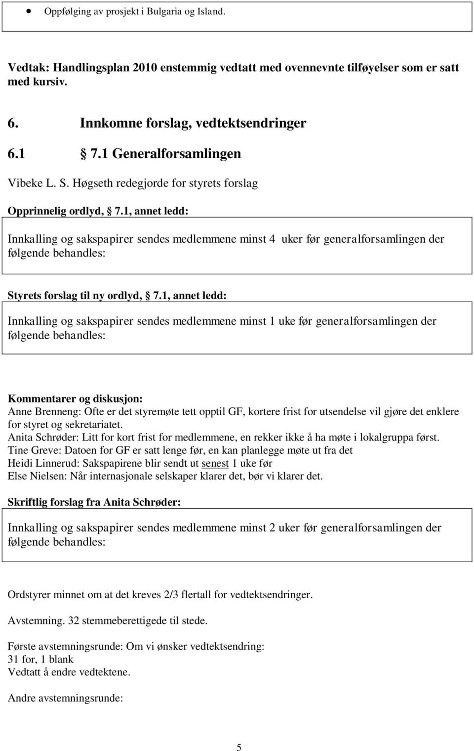 1, annet ledd: Innkalling og sakspapirer sendes medlemmene minst 4 uker før generalforsamlingen der følgende behandles: Styrets forslag til ny ordlyd, 7.