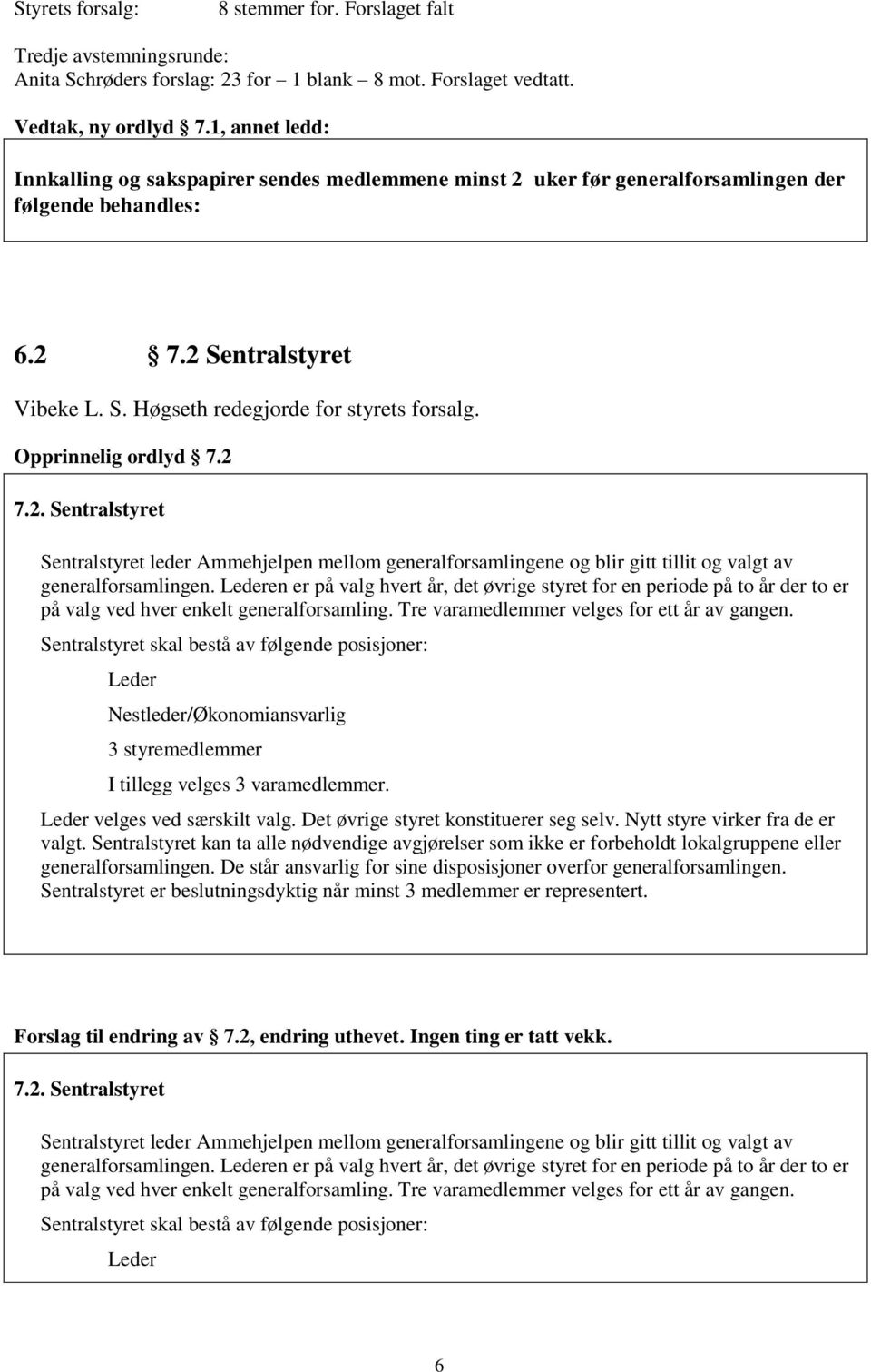 Opprinnelig ordlyd 7.2 7.2. Sentralstyret Sentralstyret leder Ammehjelpen mellom generalforsamlingene og blir gitt tillit og valgt av generalforsamlingen.