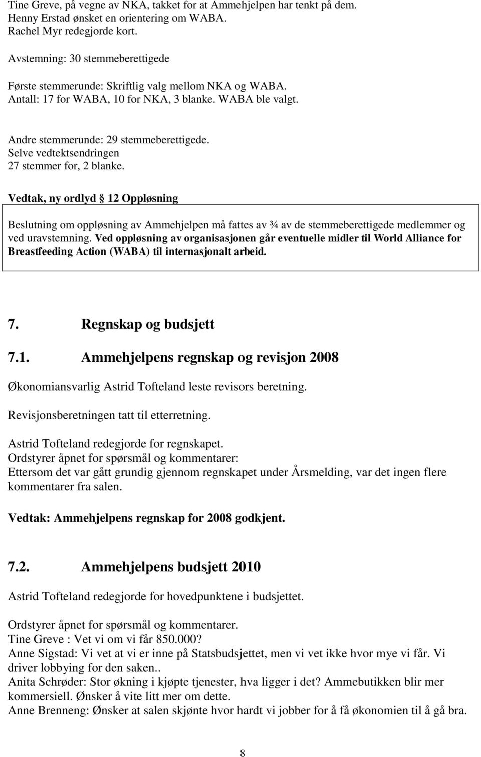 Selve vedtektsendringen 27 stemmer for, 2 blanke. Vedtak, ny ordlyd 12 Oppløsning Beslutning om oppløsning av Ammehjelpen må fattes av ¾ av de stemmeberettigede medlemmer og ved uravstemning.