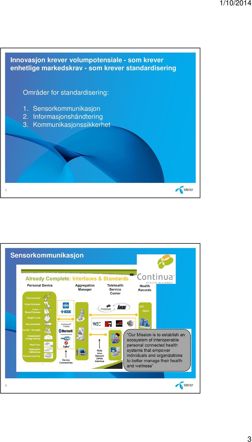 standardisering: 1. Sensorkommunikasjon 2.