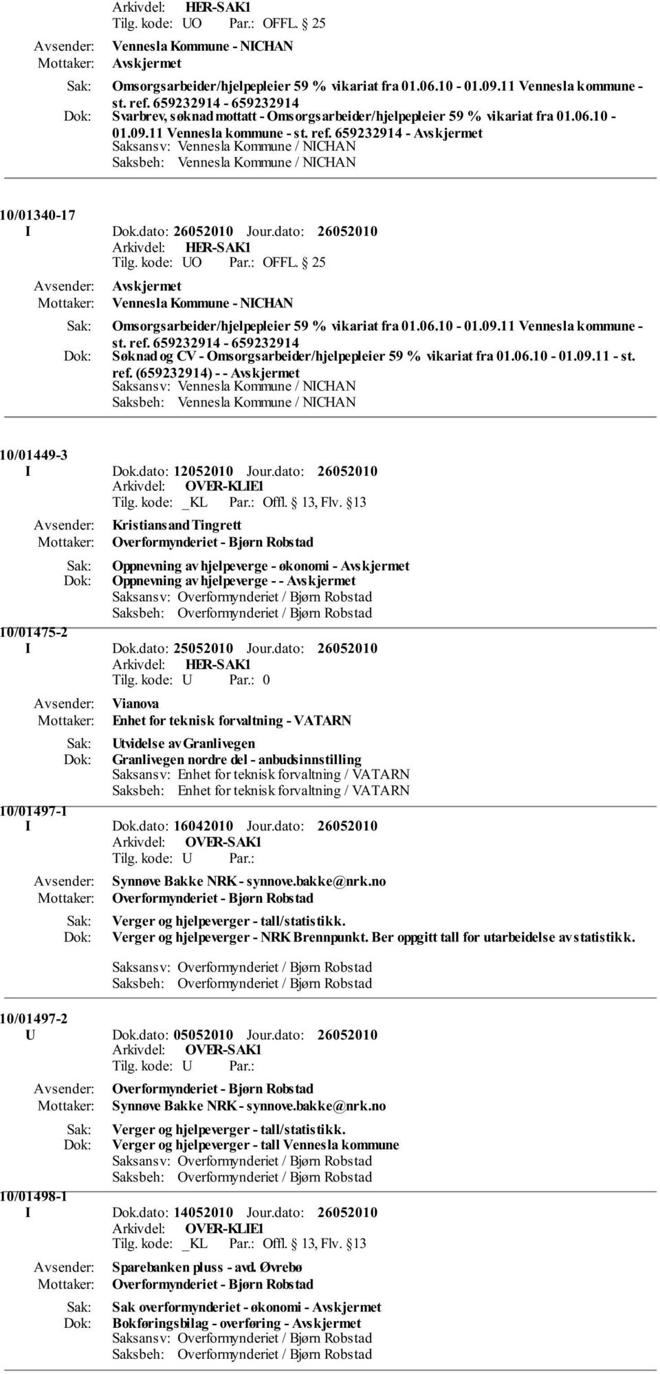 dato: Avskjermet Vennesla Kommune - NICHAN Omsorgsarbeider/hjelpepleier 59 % vikariat fra 01.06.10-01.09.11 Vennesla kommune - st. ref.